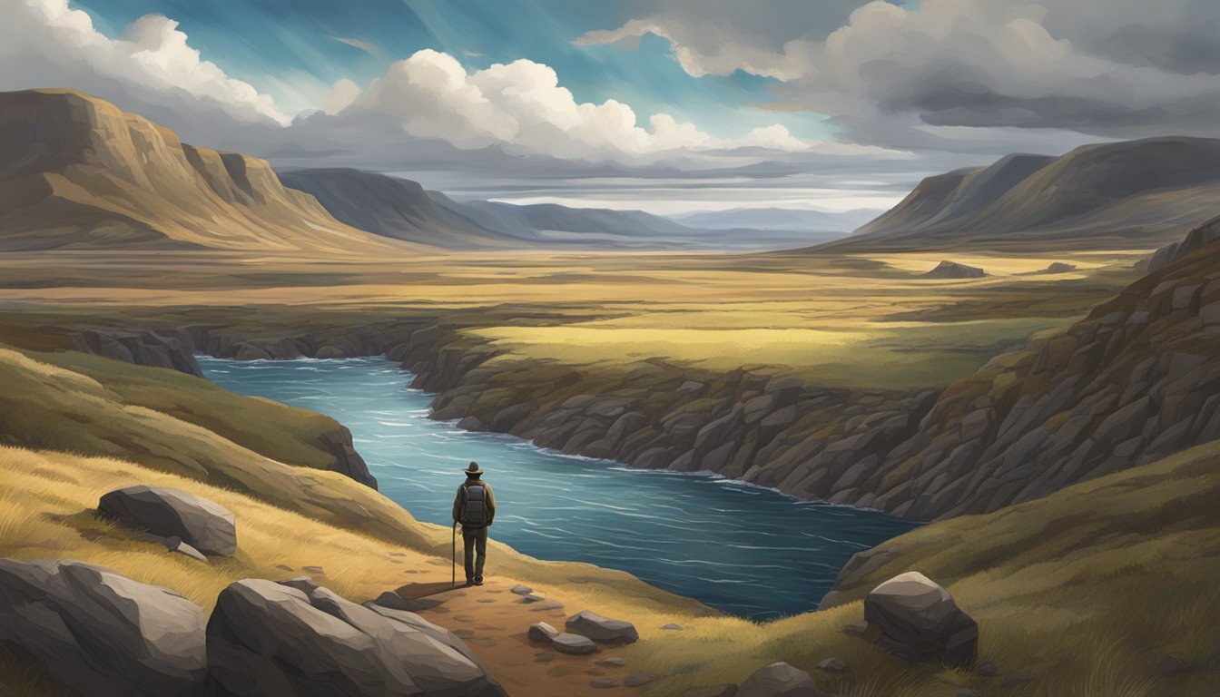 A rugged landscape with a dramatic sky, featuring a lone figure in the distance