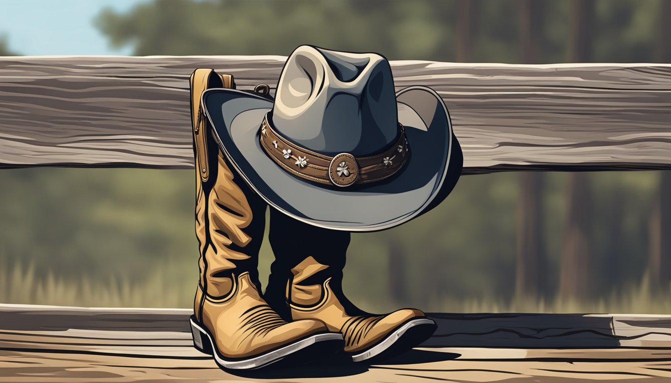 A rugged cowboy hat hanging on a weathered wooden fence post, with a pair of well-worn cowboy boots resting on the ground below