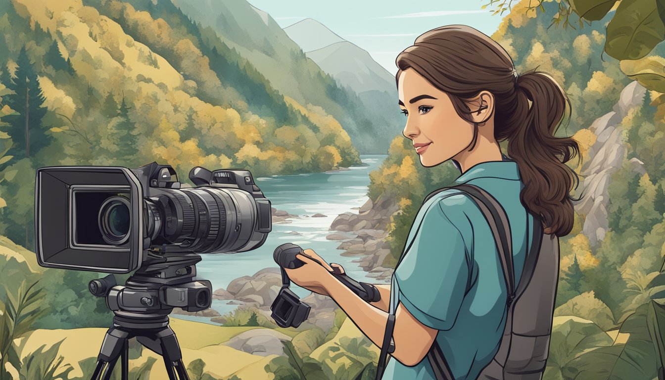 A woman holding a professional camera, surrounded by film equipment and natural scenery