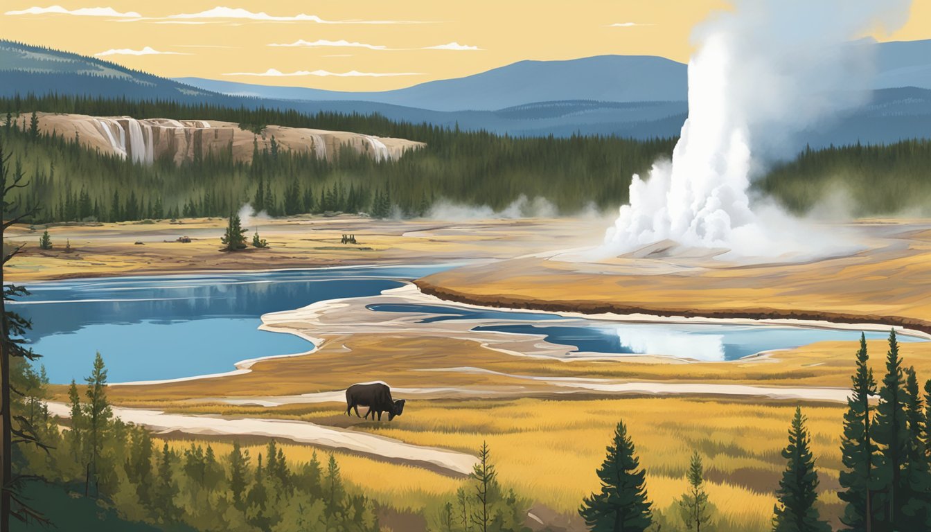 A sweeping landscape of Yellowstone's iconic geysers and wildlife, with the grandeur of the national park's natural beauty on display