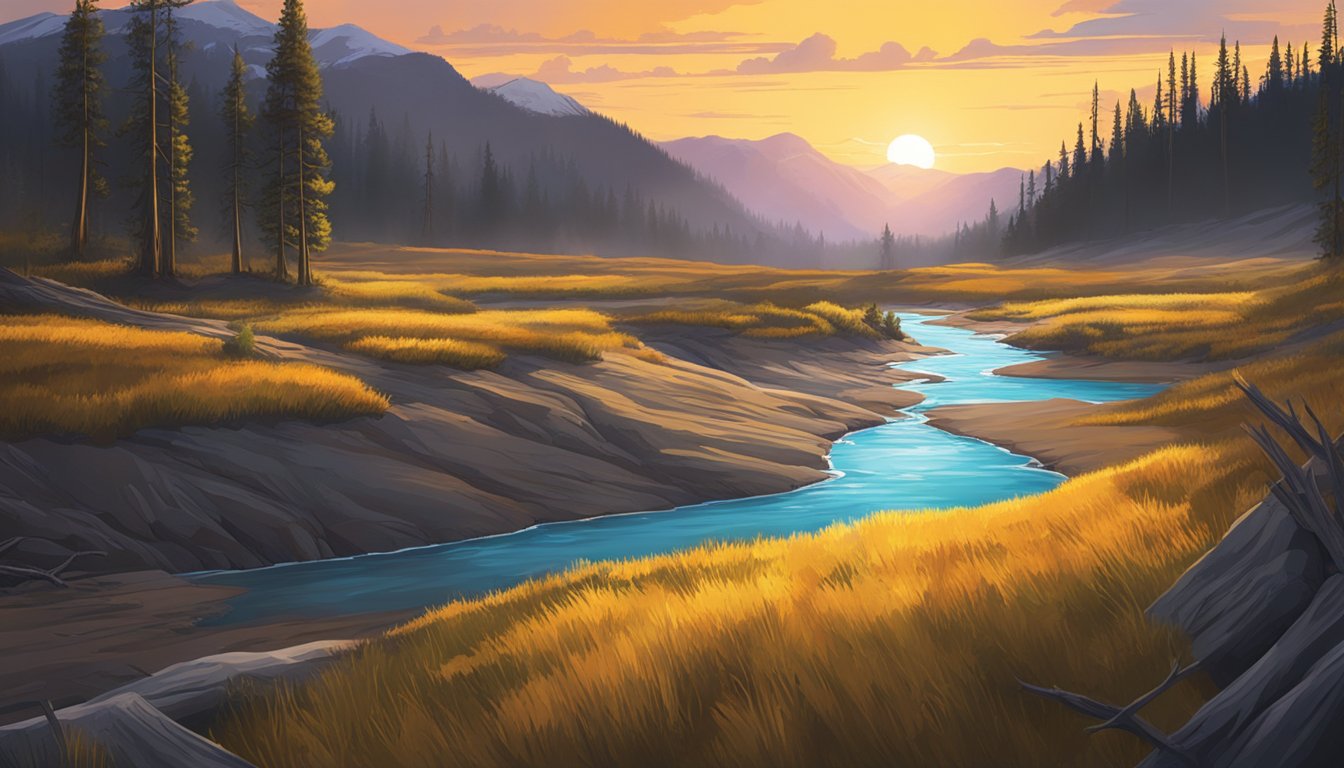 A cinematic landscape with dramatic lighting and vibrant colors, capturing the essence of Yellowstone's natural beauty