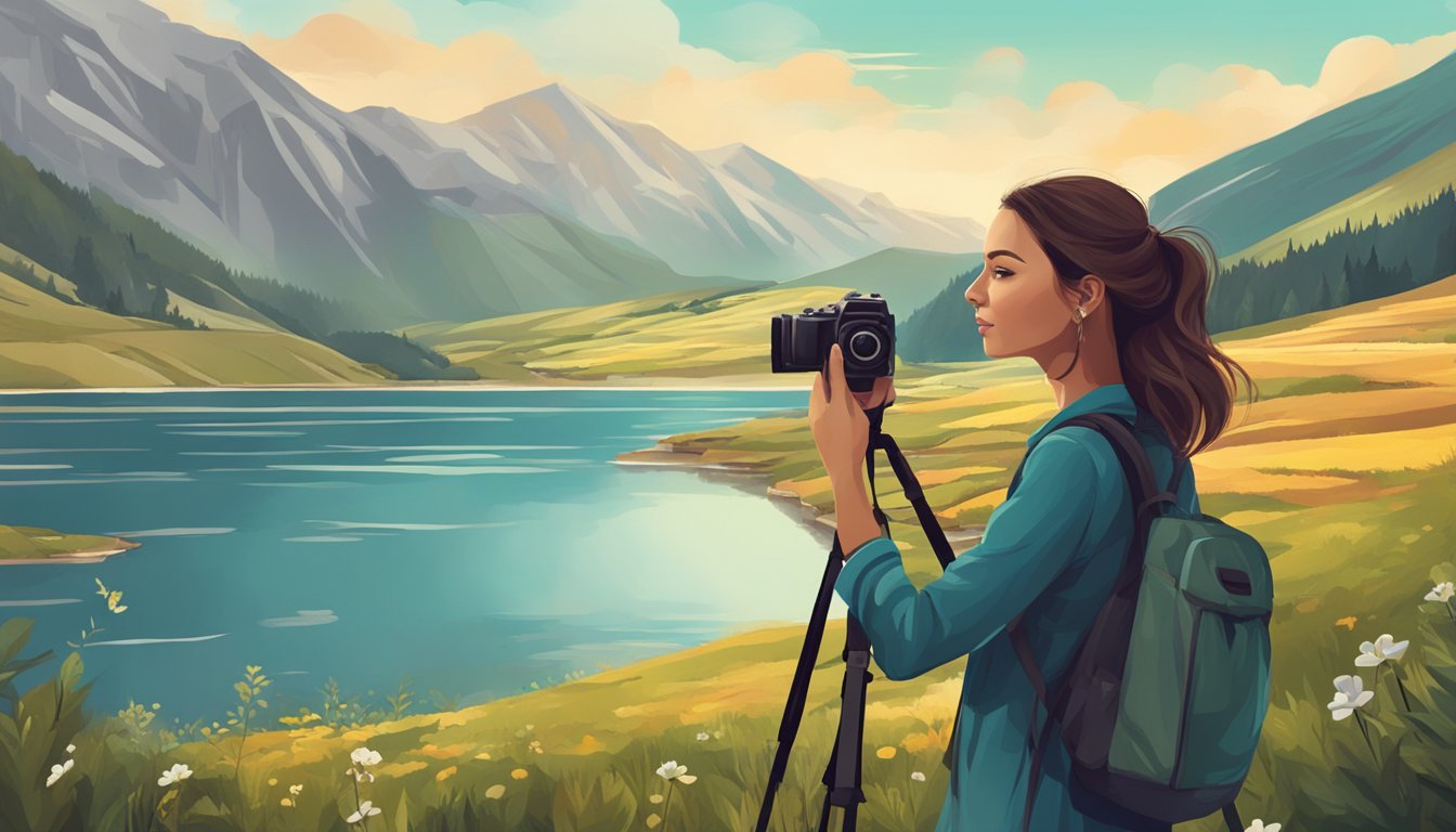 A woman with a camera standing in front of a picturesque landscape