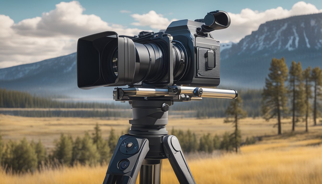 A camera on a tripod surrounded by film equipment, with the Yellowstone set in the background