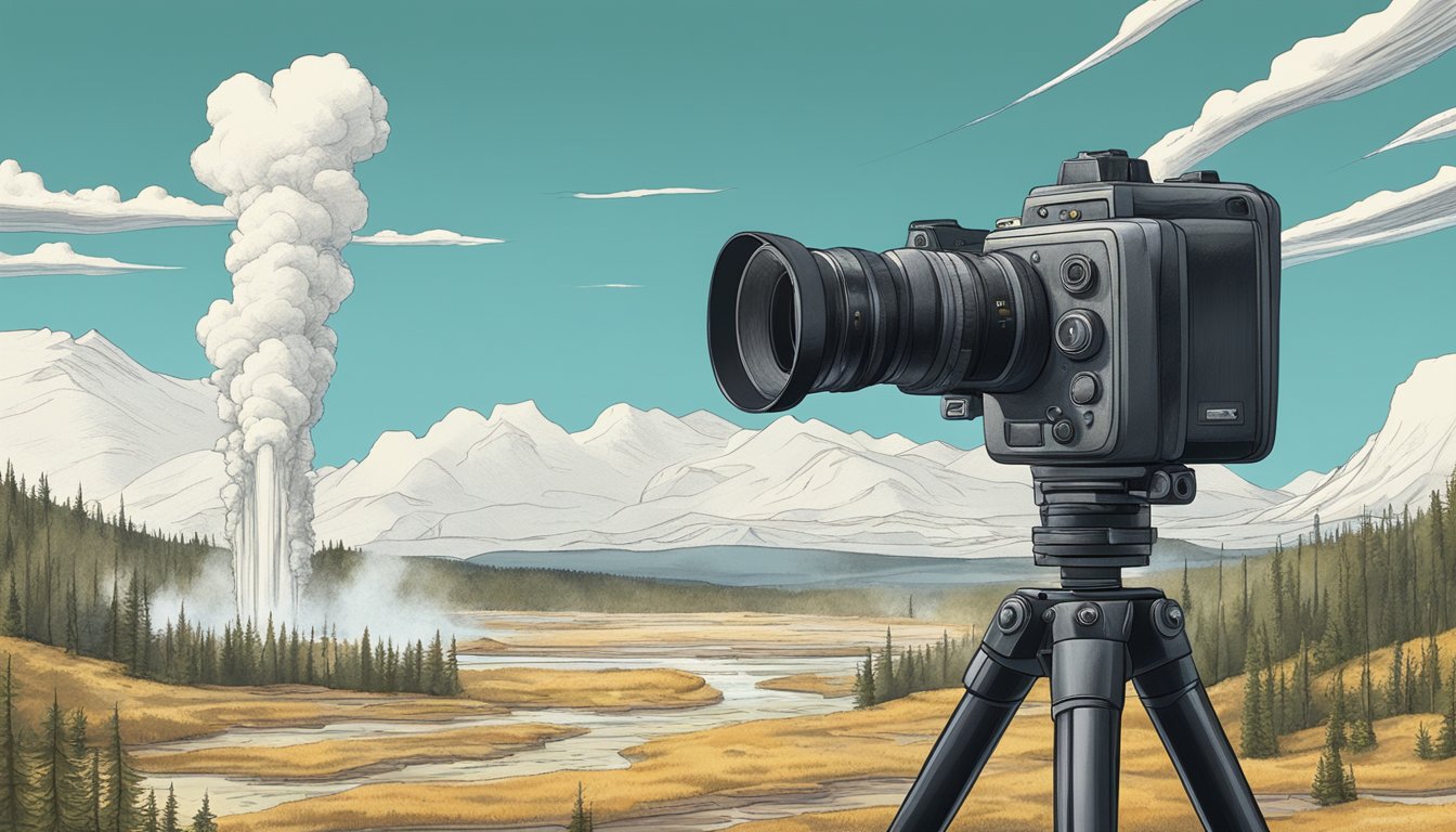 A cinematic camera on a tripod, surrounded by rugged landscape and geysers in Yellowstone National Park