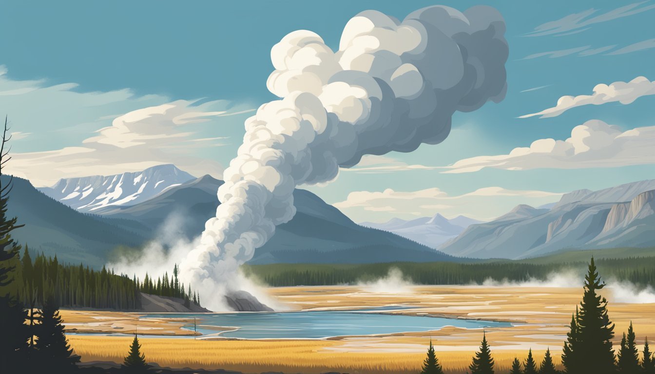 A sweeping landscape of Yellowstone National Park, with geysers and mountains in the background, capturing the natural beauty and rugged terrain