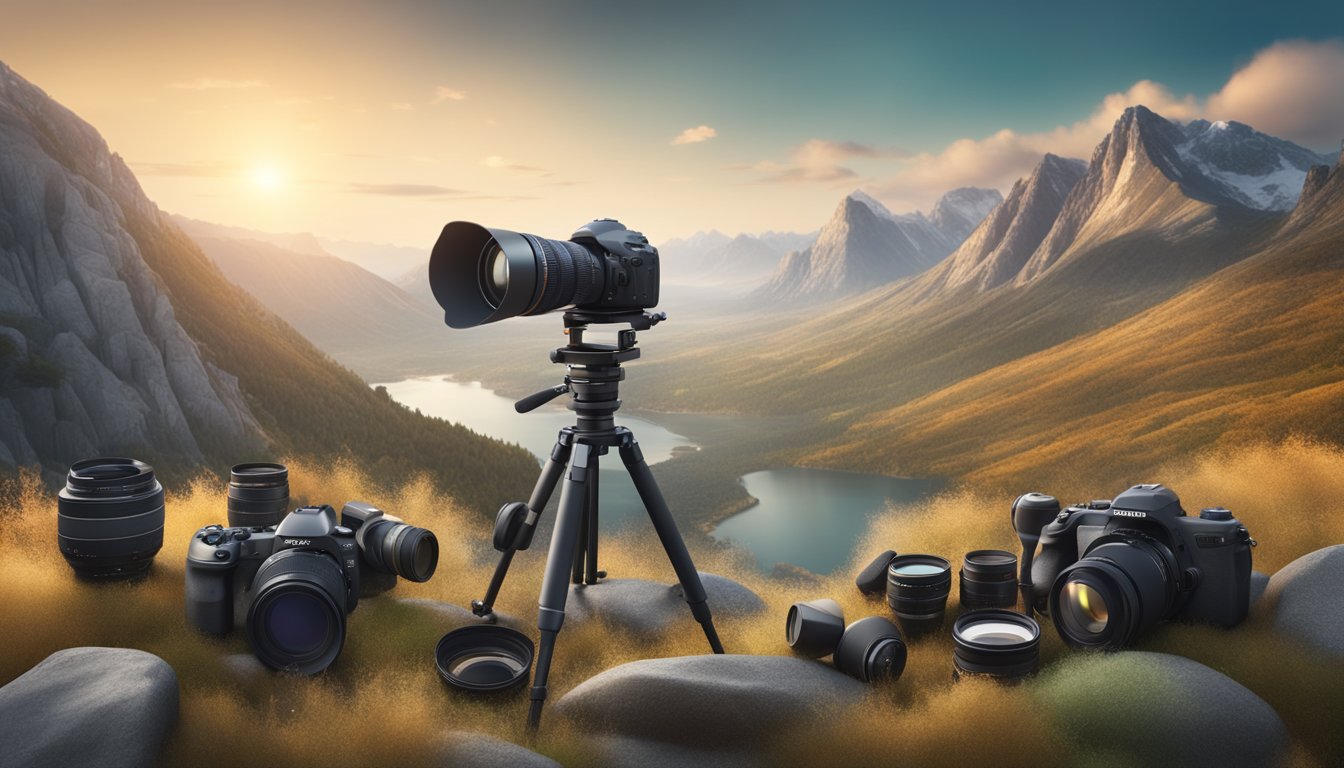 A cinematic camera on a tripod, surrounded by various lenses, filters, and other photography equipment, set against the backdrop of a dramatic natural landscape