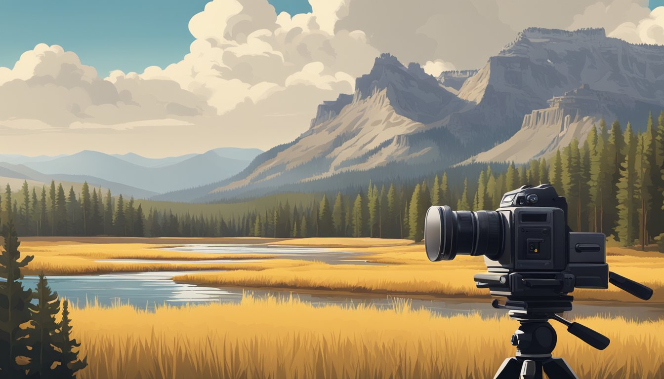 A cinematic camera set against the backdrop of the iconic Yellowstone National Park, capturing the natural beauty and rugged terrain