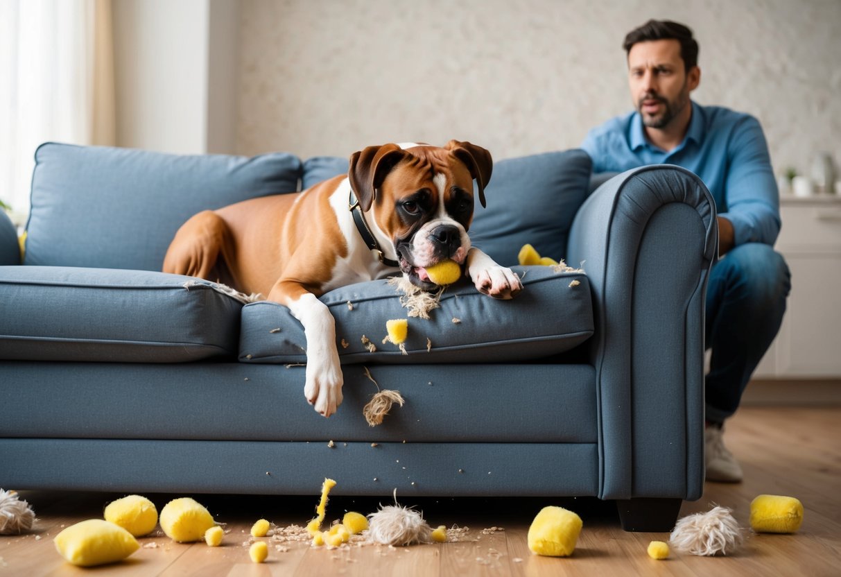 A boxer dog chewing on a destroyed sofa with scattered stuffing and torn fabric, while the owner looks on with a frustrated expression