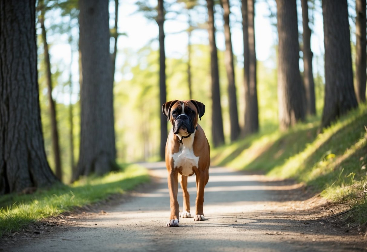 A boxer dog walks along a winding forest path, surrounded by tall trees and dappled sunlight