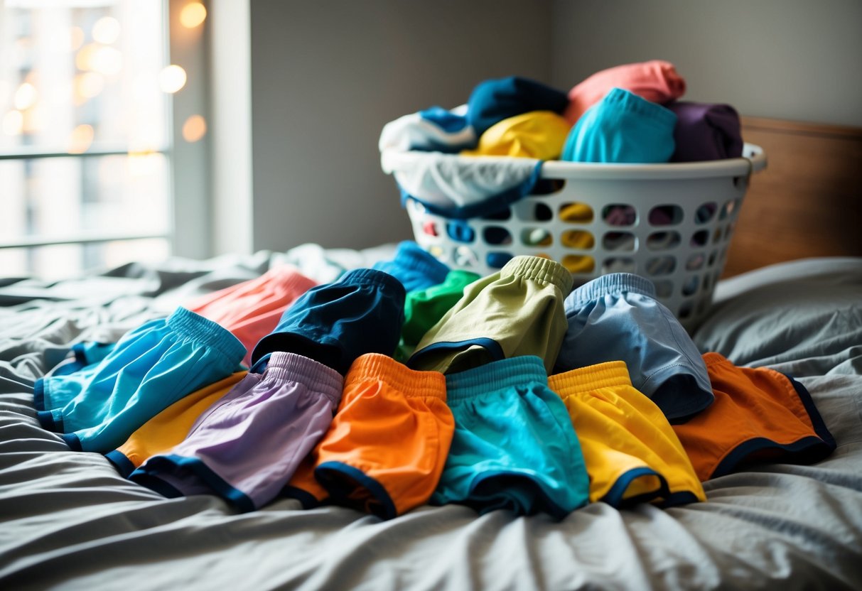 A pile of colorful boxer shorts scattered on a messy bed, with a laundry basket overflowing with more pairs in the background