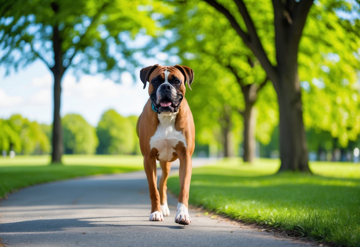 A boxer dog happily walks along a winding path through a lush green park, with trees and a clear blue sky in the background