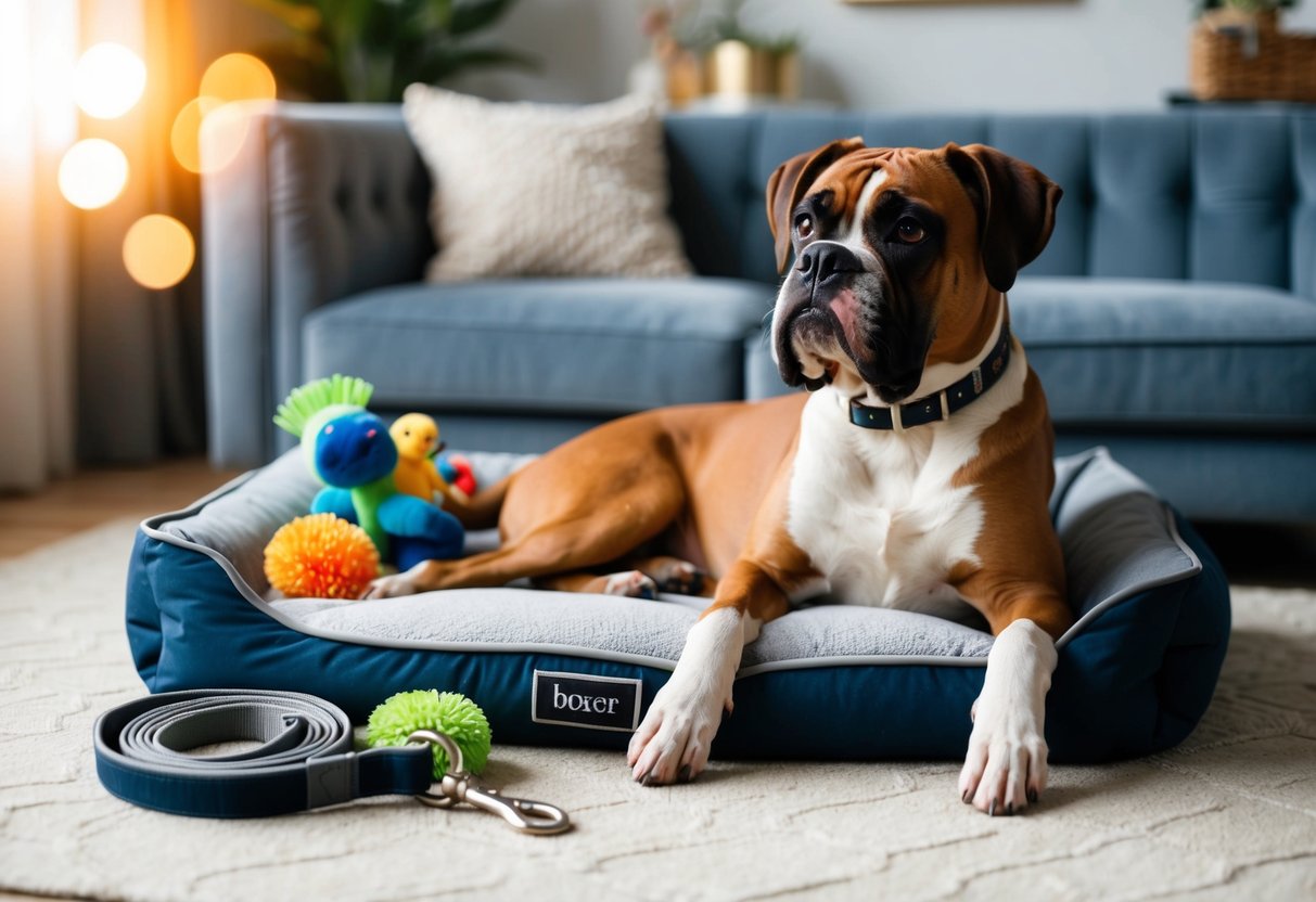 A boxer dog lounges in a plush bed, surrounded by toys and grooming supplies. A sleek leash and collar sit nearby, hinting at the need for regular walks and exercise