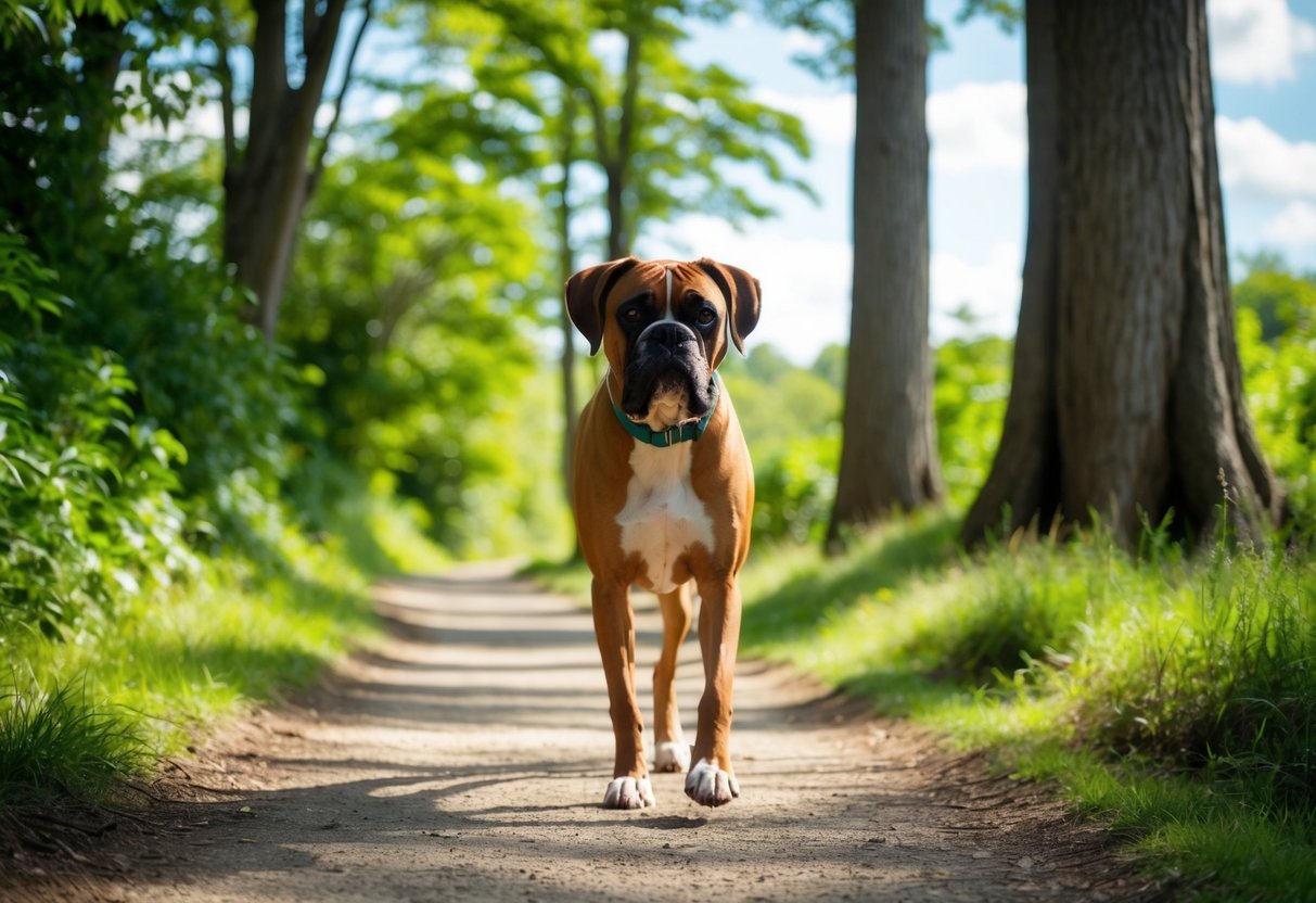 A boxer dog walks along a winding trail, surrounded by lush greenery and towering trees. The sun shines down, casting dappled shadows on the path ahead