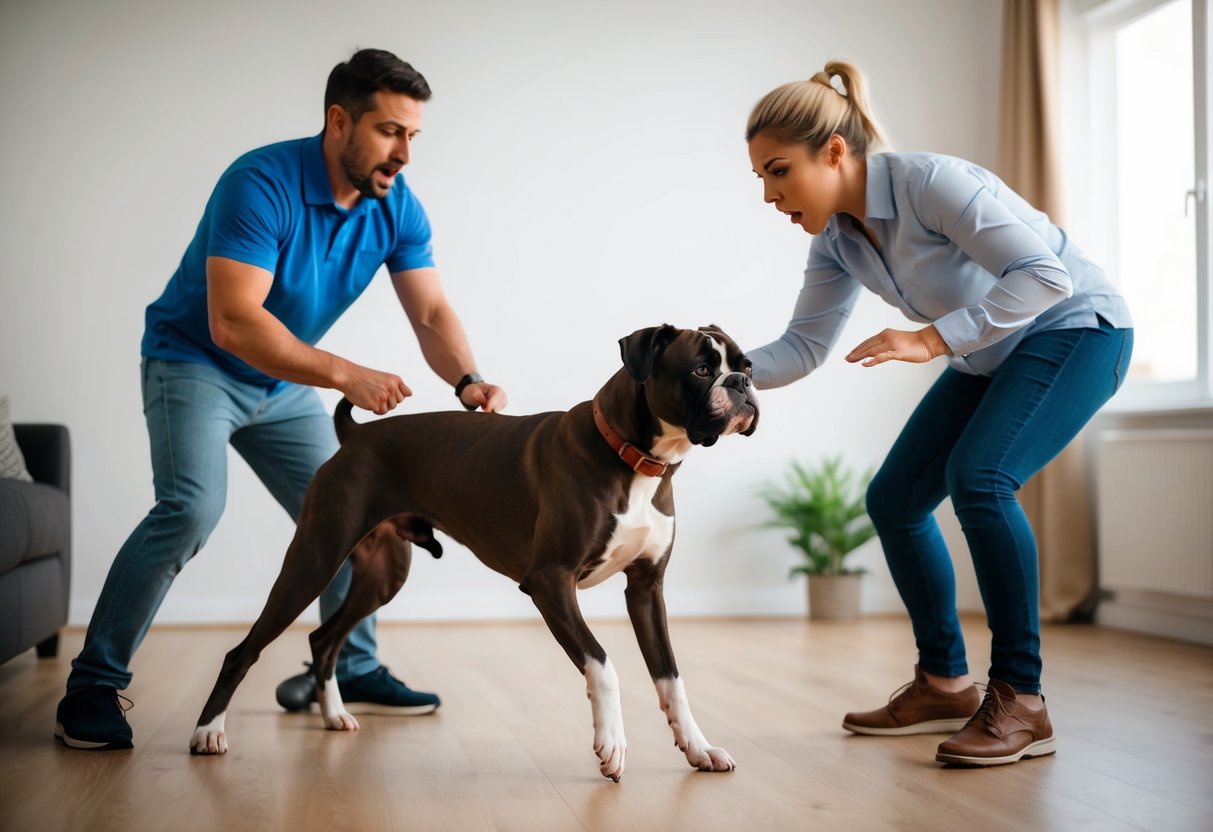 A frustrated owner tries to train a hyperactive boxer, while the dog stubbornly ignores commands and jumps around uncontrollably