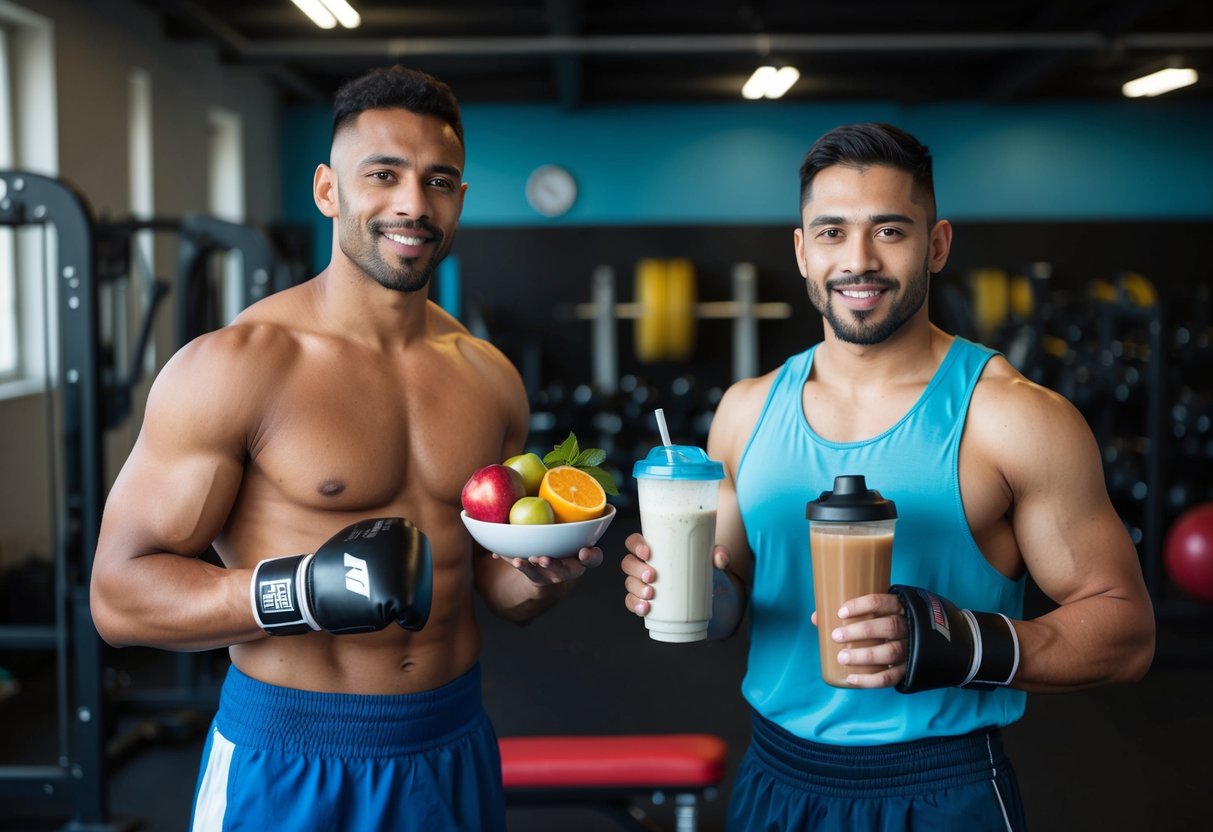 Two boxers in a gym, one with a bowl of fresh fruits, the other with a protein shake. Weights and exercise equipment in the background
