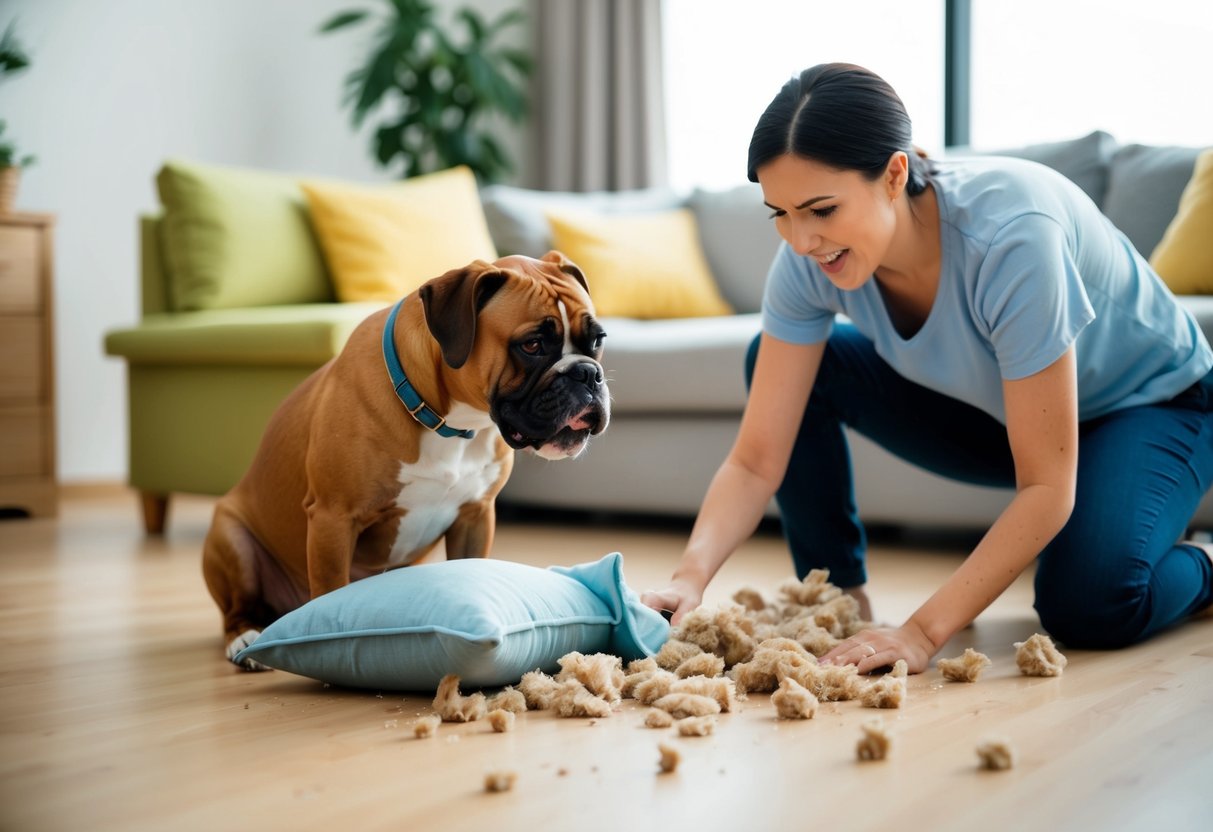 A frustrated owner cleaning up after a mischievous boxer dog, who has torn apart a pillow and scattered the stuffing everywhere