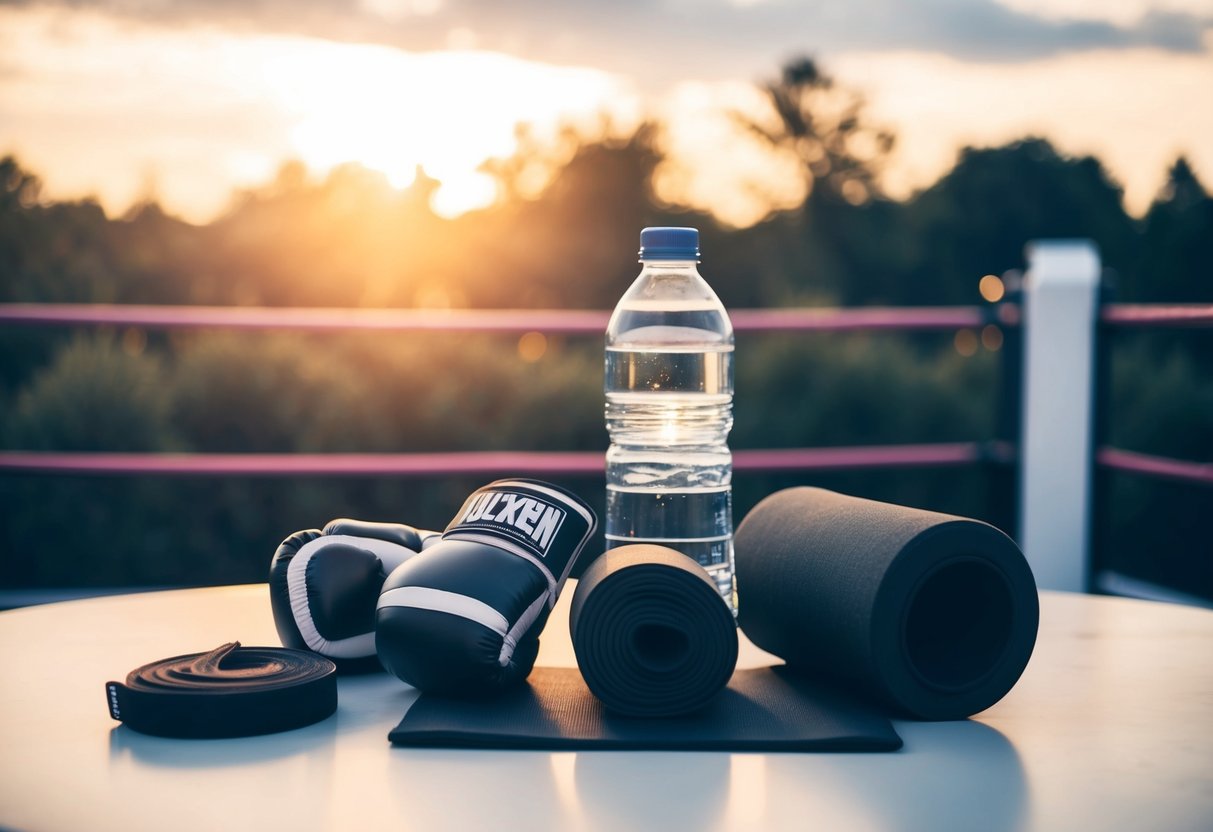 A boxer's gear and equipment laid out on a table, including hand wraps, gloves, water bottle, and a foam roller for recovery