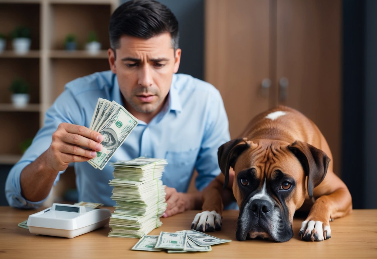 A person counting money with a worried expression while looking at a stack of vet bills and dog food bags next to a tired-looking boxer dog