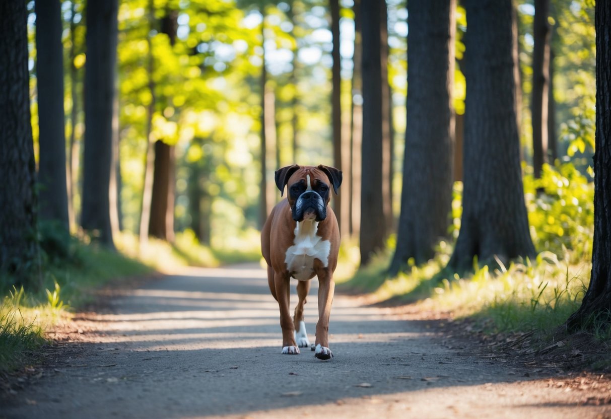 A boxer walking along a winding forest path, surrounded by tall trees and dappled sunlight filtering through the leaves