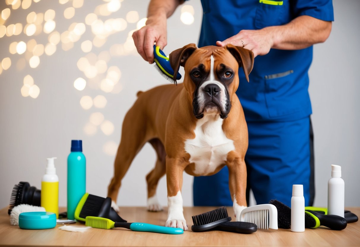 A boxer dog being brushed and groomed by its owner with various grooming tools and products scattered around the scene