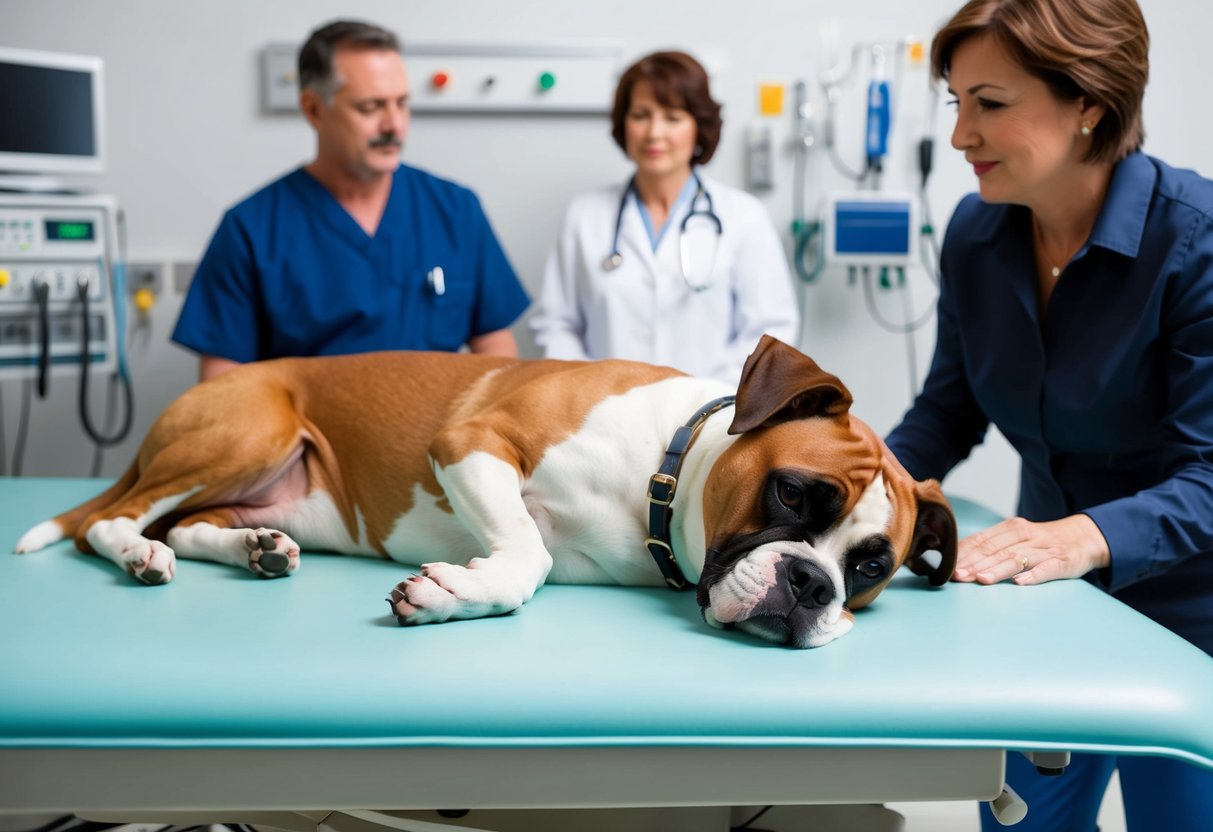 A boxer dog lying peacefully on a veterinarian's table, surrounded by medical equipment and a concerned owner
