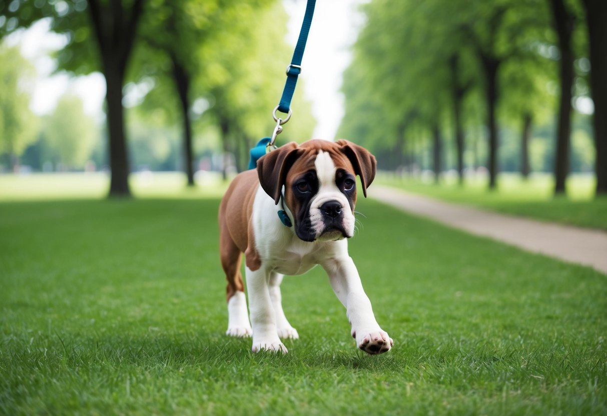 A 6-month-old boxer puppy walks on a leash through a green park, with trees and a clear path stretching into the distance