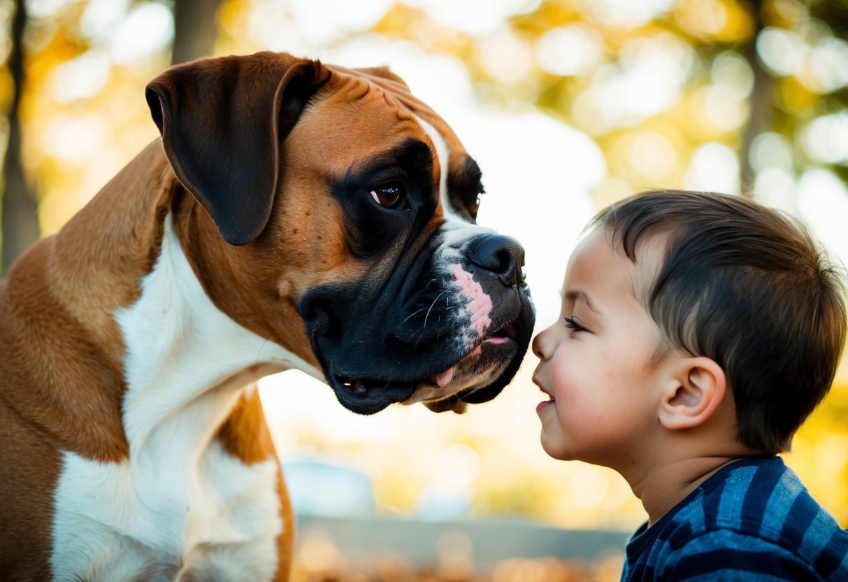 A boxer dog nuzzling a child's face with a wagging tail