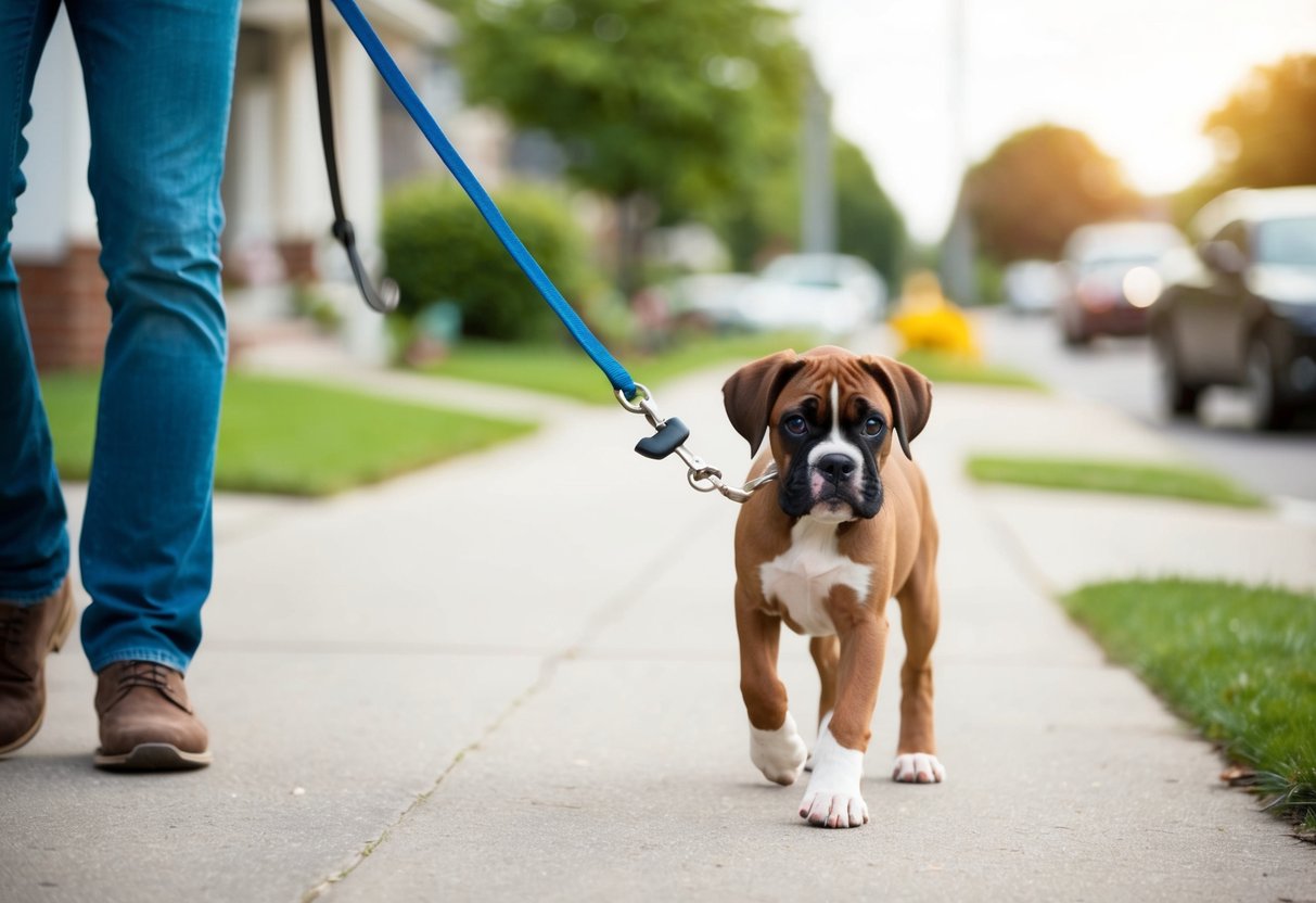 A 6-month-old boxer puppy walks on a leash with a gentle tug from its owner. The puppy's tail wags as it explores the neighborhood, pausing to sniff and investigate its surroundings