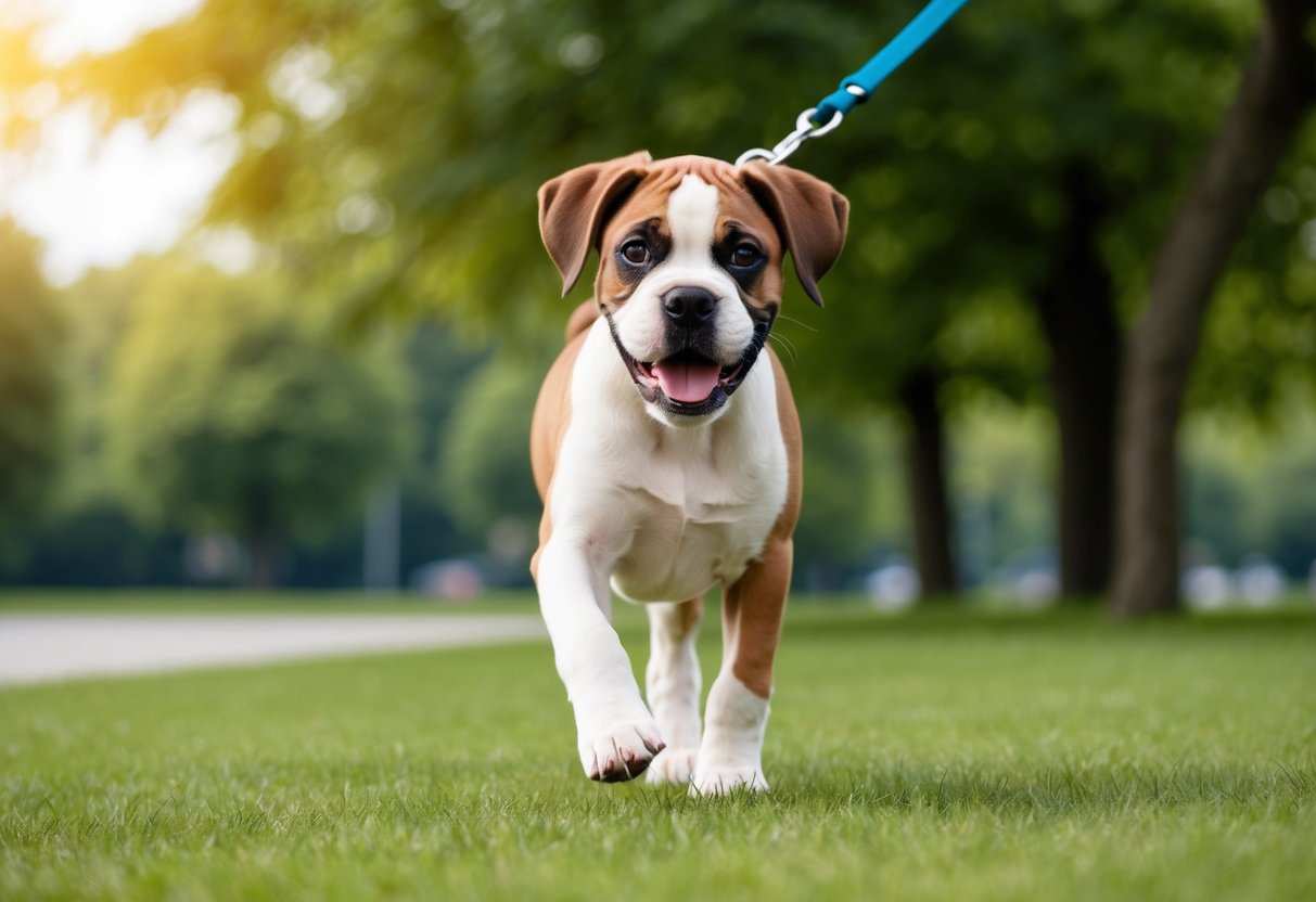 A 6-month-old boxer puppy happily walking on a leash in a green park with a big smile on its face, tail wagging, and ears perked up