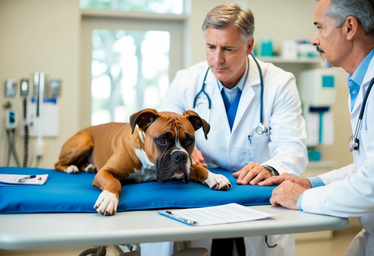 A boxer dog lying on a veterinarian's examination table, surrounded by medical equipment and charts. The vet is discussing preventive care with the dog's owner