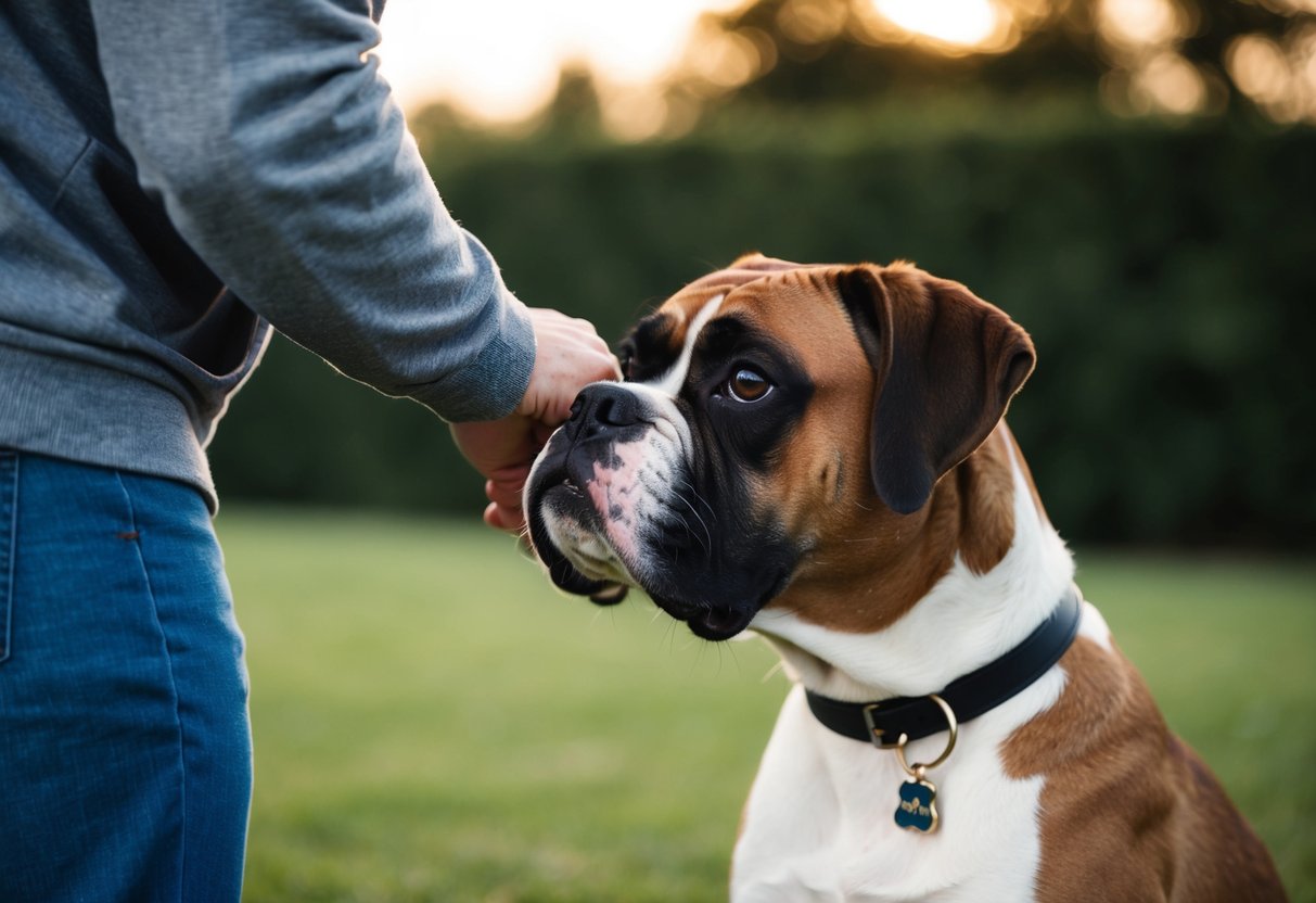 A boxer dog nuzzles up to a person, showing loyalty and attachment