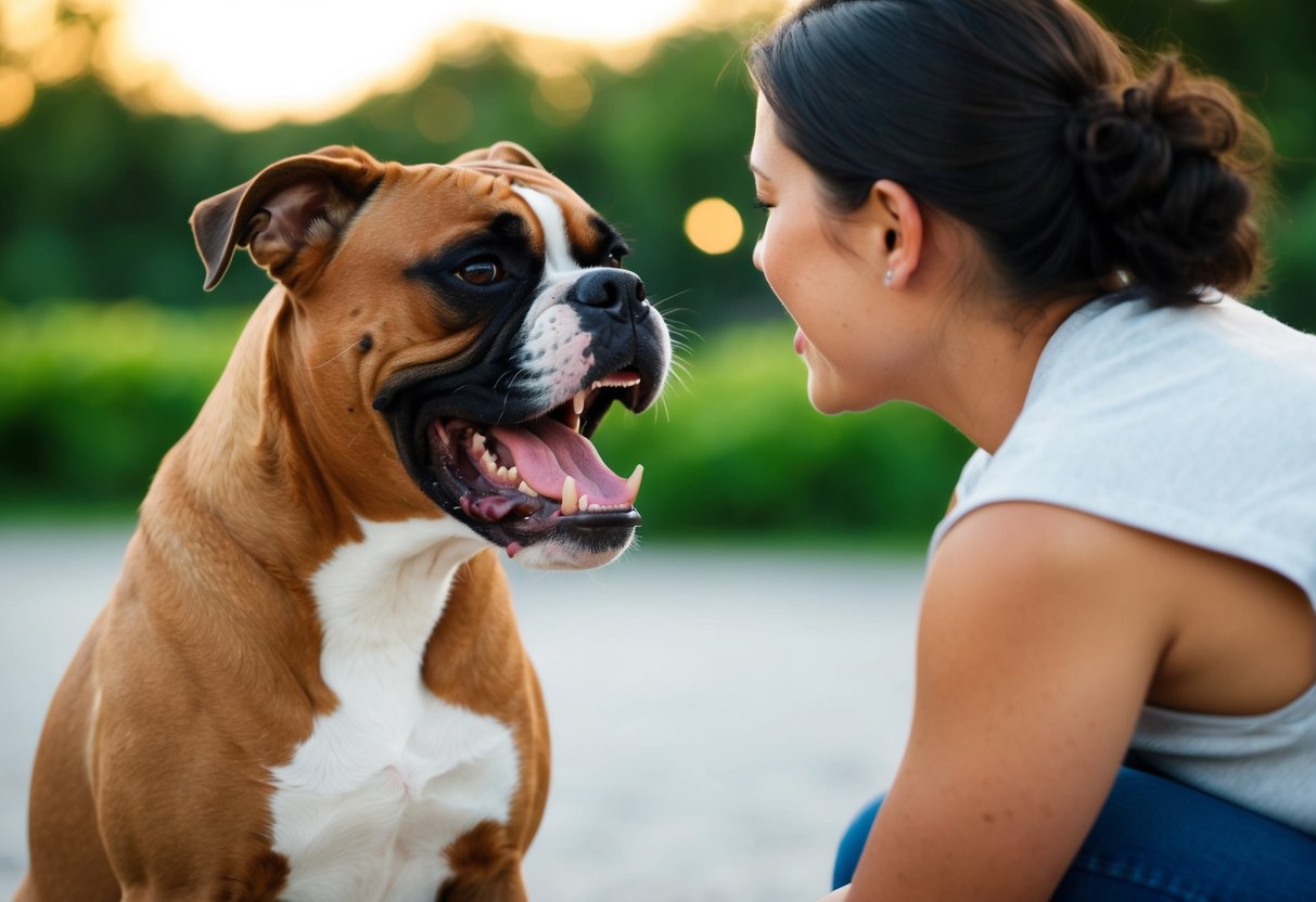 A boxer dog baring its teeth and growling at its owner