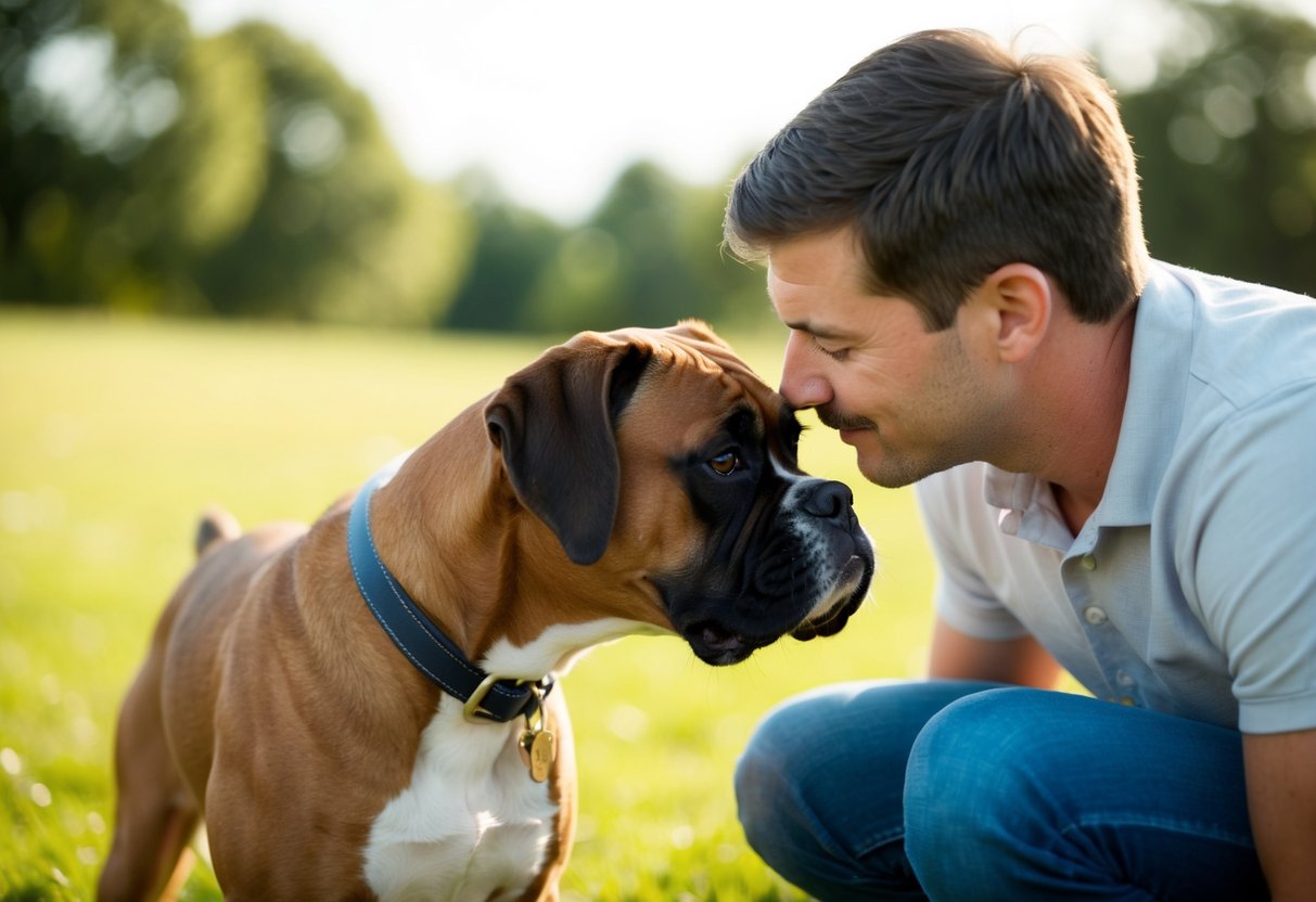 A boxer dog eagerly follows its owner, nuzzling close for attention and affection