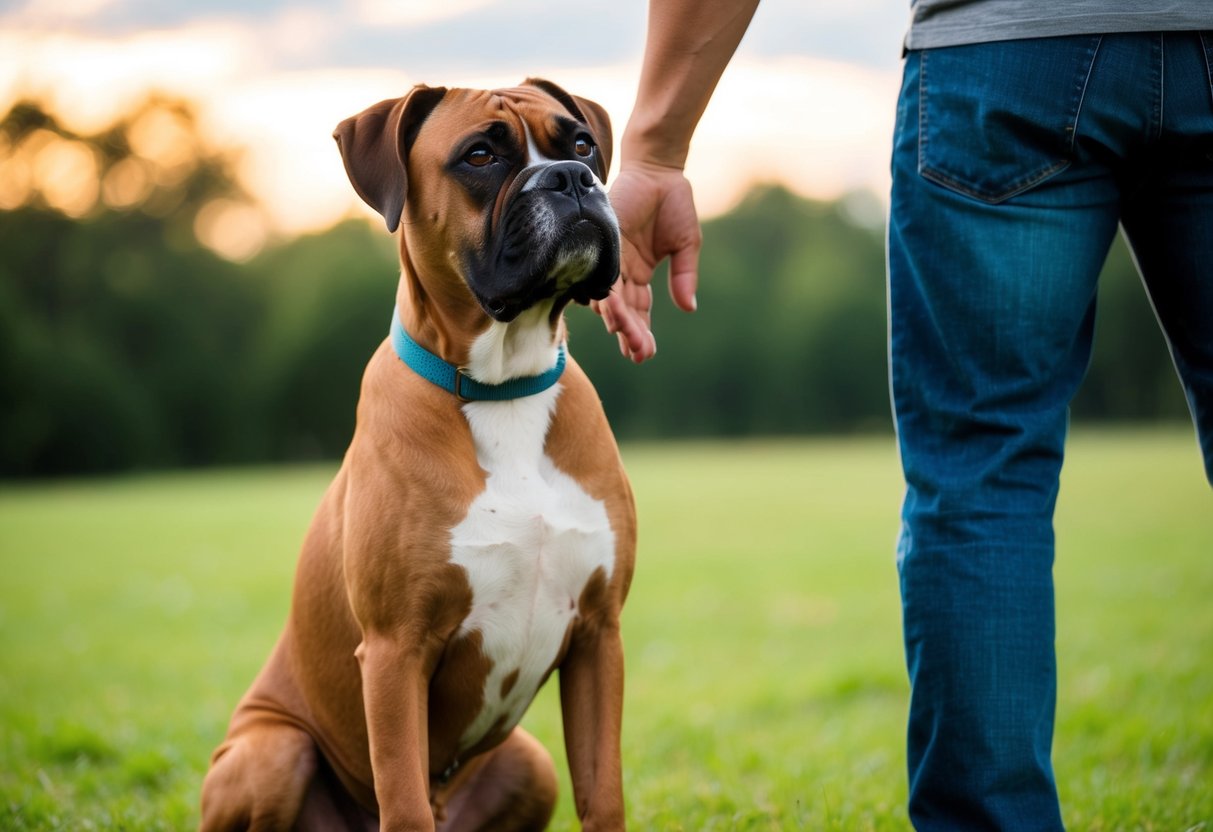 A boxer dog sitting faithfully by the side of their owner, gazing up at them with adoring eyes