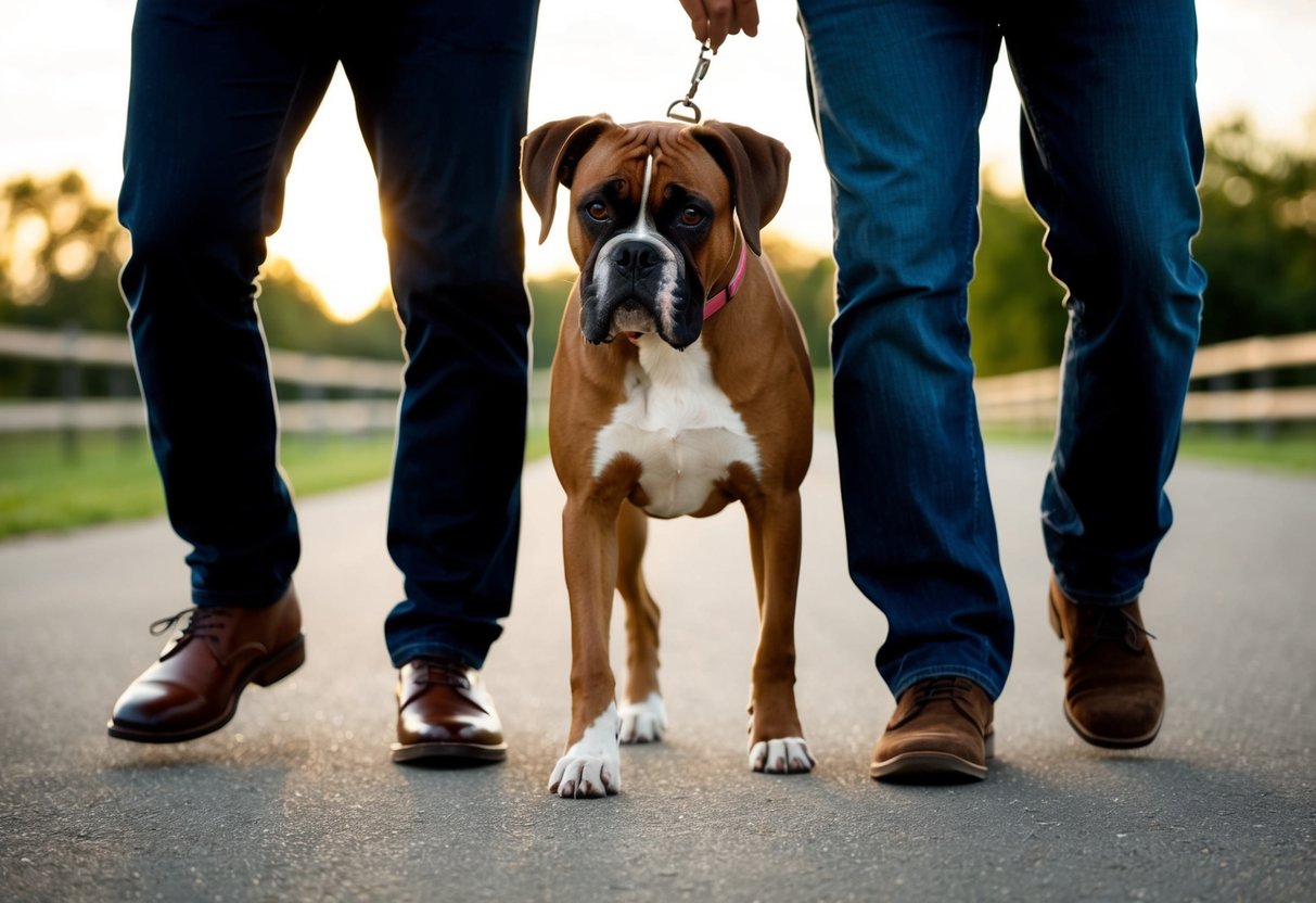 A boxer dog eagerly follows its owner, leaning against their leg for attention