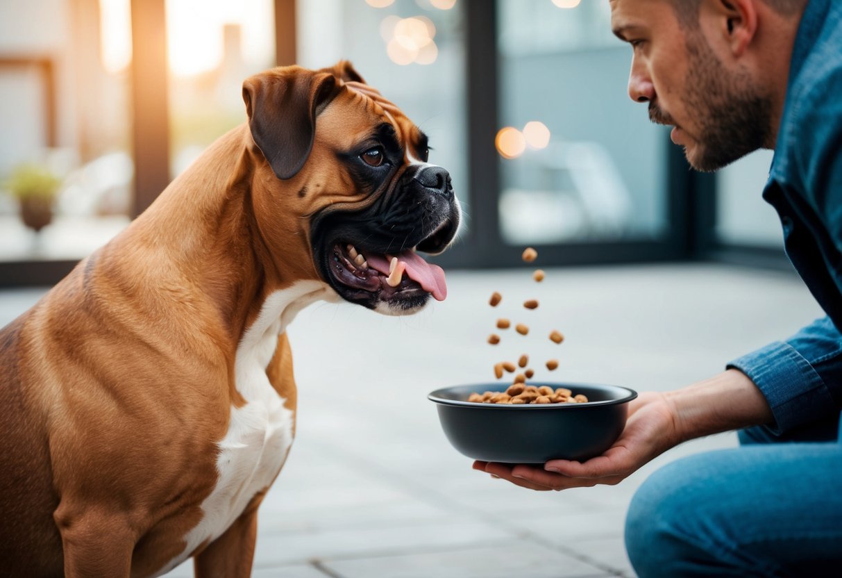 A boxer dog growls at a person approaching its food bowl