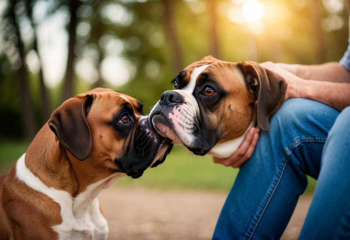 A boxer dog nuzzles its owner's leg, gazing up with adoring eyes