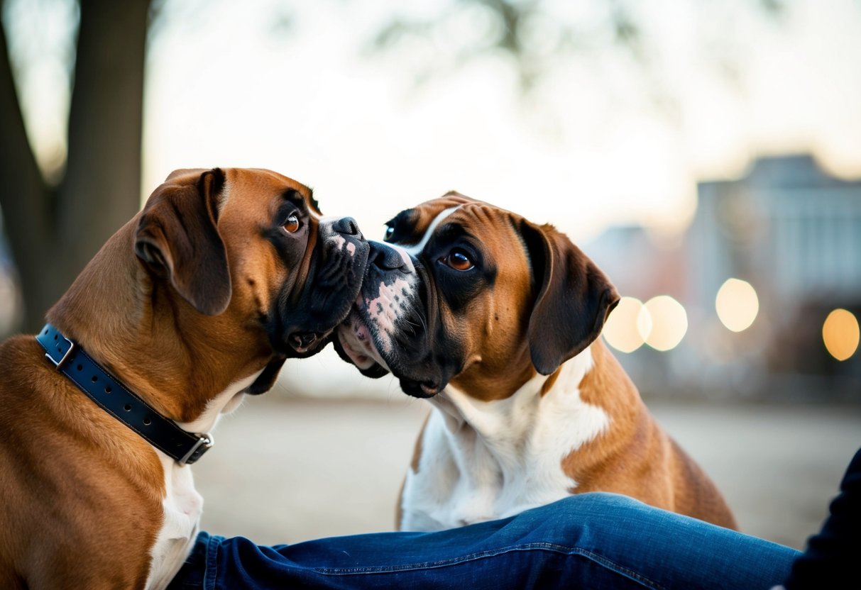 A boxer dog nuzzles closely to its owner's leg, looking up with adoring eyes