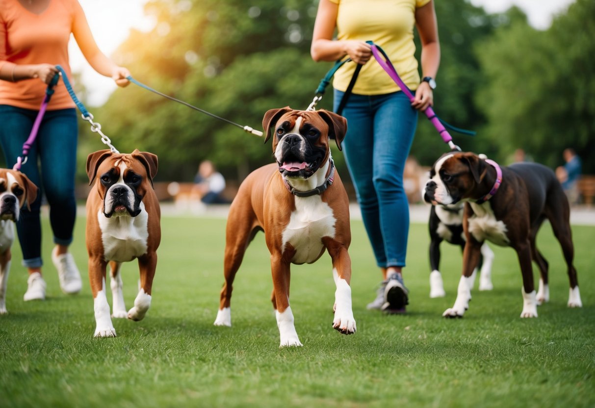A boxer dog happily follows its owner's commands in a training session at the park, surrounded by other dogs and their owners