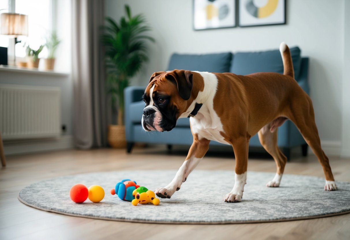 A boxer dog confidently explores a spacious, clutter-free room, engaging in independent activities such as playing with toys or investigating its surroundings