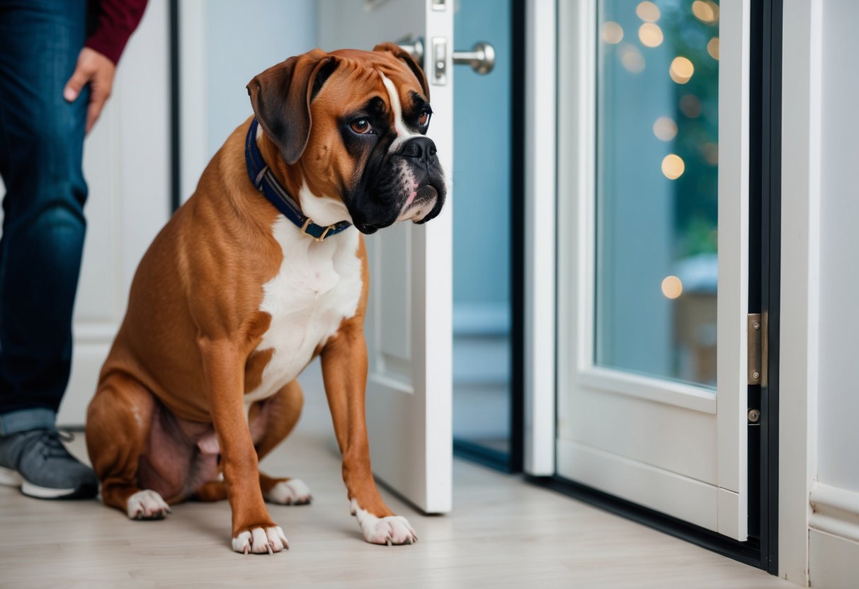 A boxer dog anxiously waits by the door, whining and pacing, as their owner prepares to leave. The dog's worried expression and tense body language depict their struggle with separation anxiety