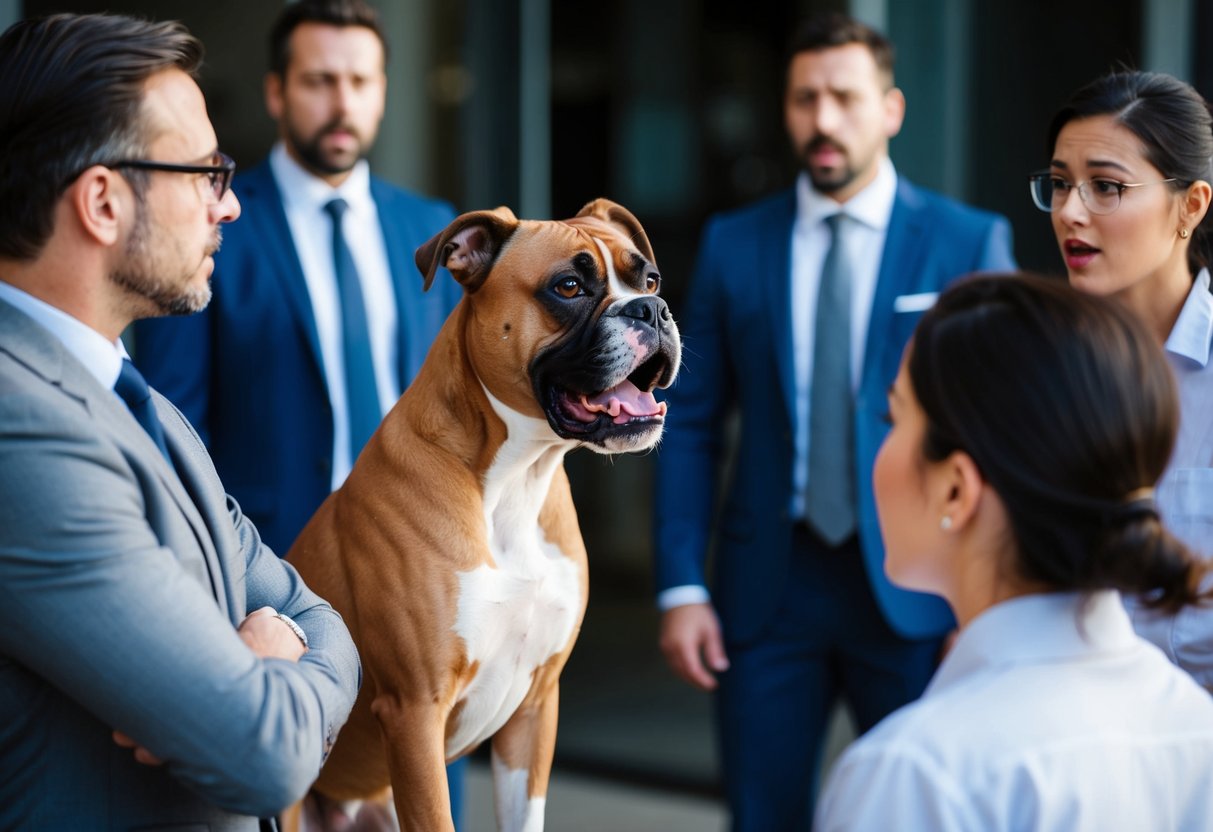 A boxer dog stands protectively in front of its owner, growling at a group of professionals. The owner looks on in surprise and confusion