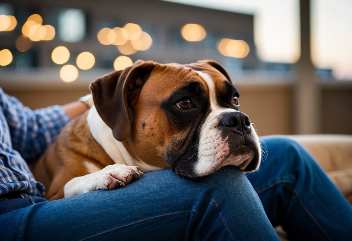 A boxer dog resting its head on its owner's lap, looking up with adoring eyes