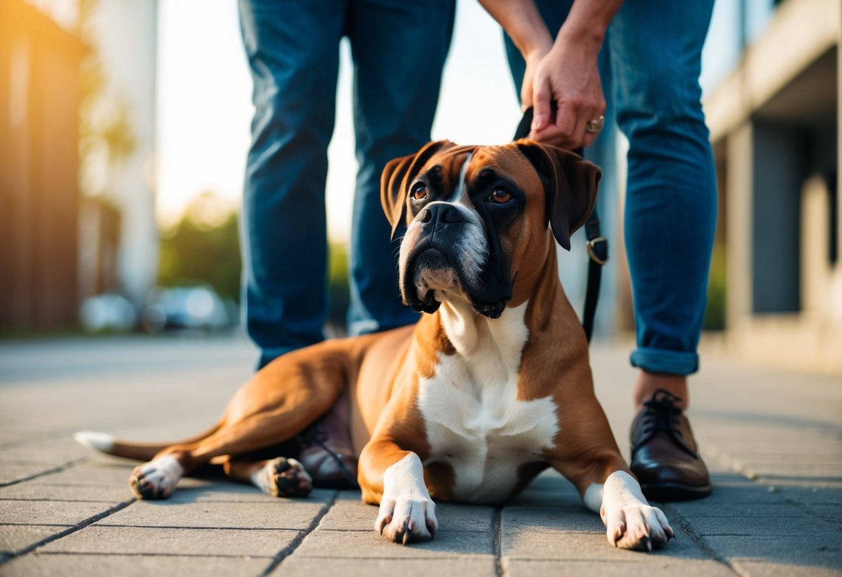 A boxer dog lying at the feet of its owner, looking up with adoring eyes