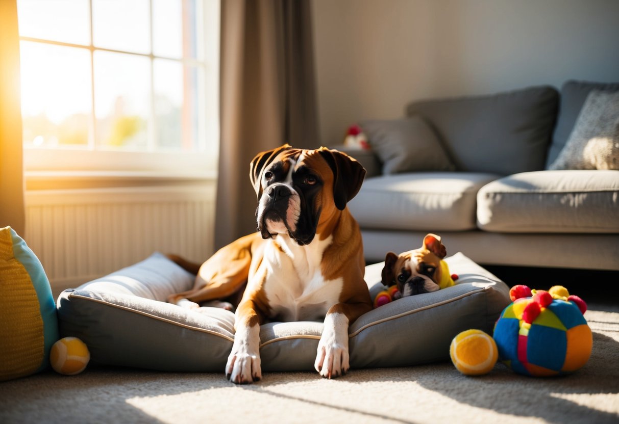 A Boxer lounges contentedly inside a cozy living room, surrounded by toys and a soft bed. Sunlight streams in through the window, casting a warm glow over the relaxed canine