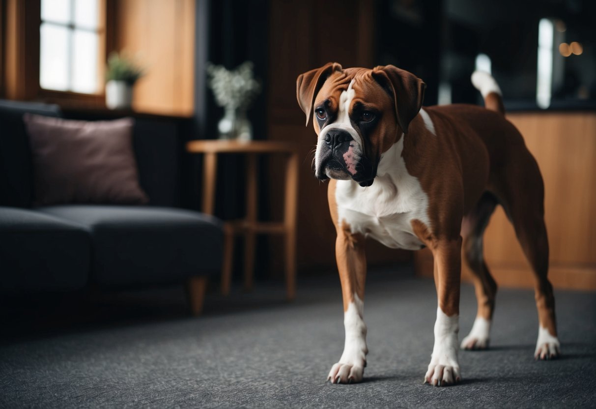 A boxer dog paces nervously, tail tucked, ears back, and panting heavily in a dimly lit room
