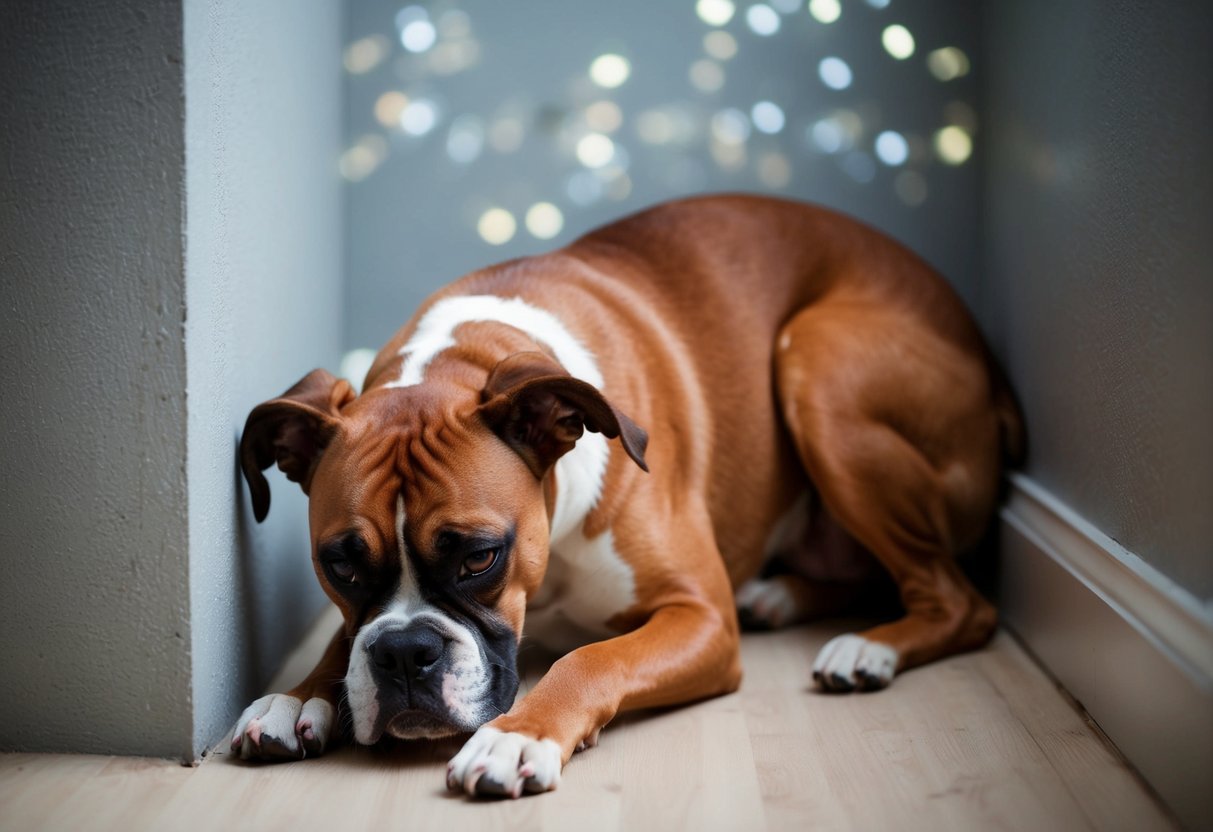 A boxer dog cowers in a corner, ears back and tail tucked, while panting heavily and showing signs of distress