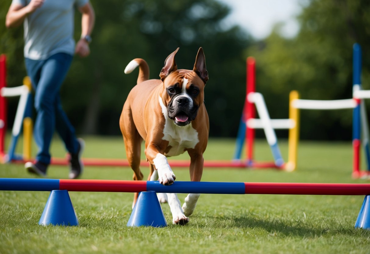 A boxer dog eagerly follows its owner through an obstacle course, demonstrating agility and obedience