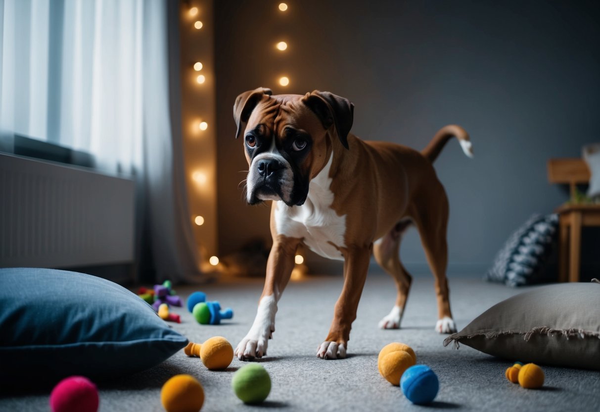 A boxer dog pacing nervously in a dimly lit room, with a trembling body and wide eyes, surrounded by scattered toys and a torn pillow