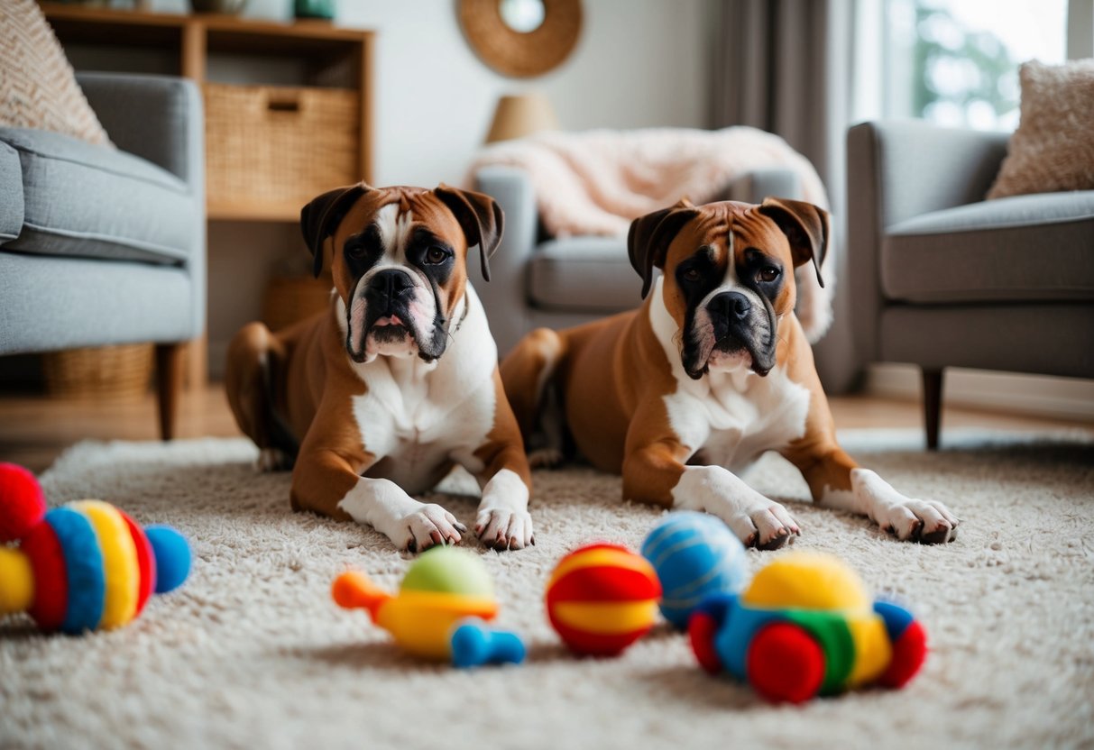 Two boxers playing indoors, surrounded by toys and cozy furniture